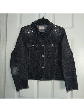 BIker Grunge Punk Rock Black Denim Studded Cropped Tucker Ladie Jacket Sz L